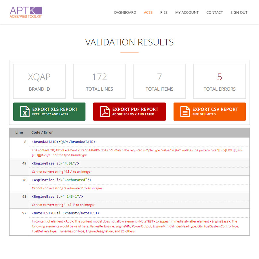 SaaS Website - Account ACES Validation Results with Error Details