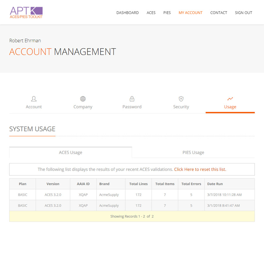 SaaS Website - Account Management Page - Usage History Page